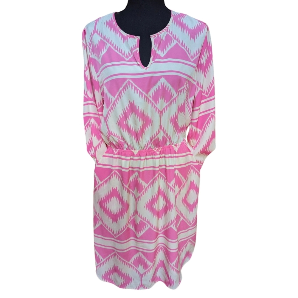 Peach Love California Cream & Pink Aztec Print Dress with Pockets Size Large